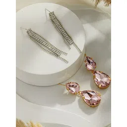 DressBerry Set of 2 Gold-Plated Brass Artificial Stones & Beads Teardrop Shaped Drop Earrings-picture-22