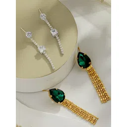 DressBerry Set of 2 Rhodium-Plated & Green Brass Artificial Stones & Beads Contemporary Drop Earrings-picture-31