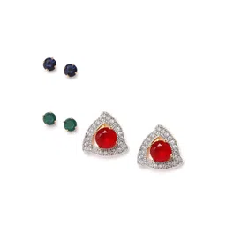 DressBerry Set Of 3 Gold-Plated And Red Artificial Stones Contemporary Studs Earrings-picture-26