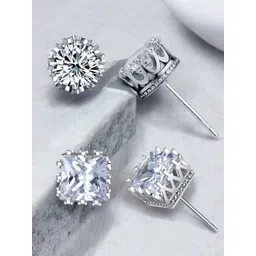 DressBerry Silver-Plated Combo of 2 Silver Tone Square & Round Cubic Zirconia Studs-picture-21