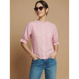 DressBerry Striped Puff Sleeve Ruffles Cotton Top-picture-29