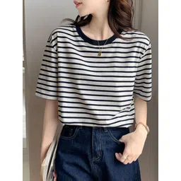 DressBerry Striped Round Neck Cotton T-shirt-picture-24