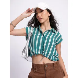 DressBerry Striped Savvy Cinched Waist Crop Shirt-Style Top-picture-34
