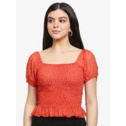 DressBerry Women Abstract Printed Georgette Smocked Peplum Crop Top-picture-33