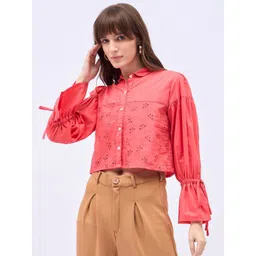 DressBerry Women Bishop Sleeves Cotton Schiffli Shirt Style Crop Top-picture-16
