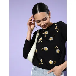 DressBerry Women Black Floral Acrylic Sweater-picture-16