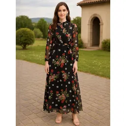 DressBerry Women Black Floral Printed Half Placket Georgette Fit & Flare Maxi Dress-image-13