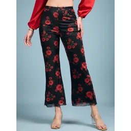 DressBerry Women Black Floral Smart Straight Fit High-Rise Wrinkle Free BootCut Trousers-image-26