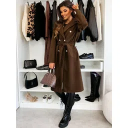 DressBerry Women Brown Solid Regular Fit Polyester Long Overcoat-picture-30