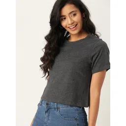 DressBerry Women Charcoal Grey Boxy Fit Solid Round Neck Pure Cotton T-shirt image 3