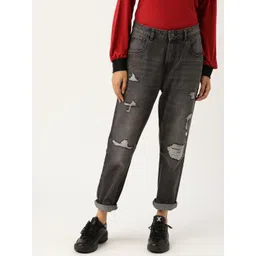DressBerry Women Charcoal Grey Boyfriend Fit Mid-Rise Mildly Distressed Stretchable Jeans-picture-10