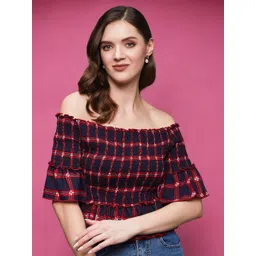 DressBerry Women Checked Bardot Crop Top-picture-26
