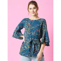 DressBerry Women Floral Print Flared Sleeve Cinched Waist Longline Top-picture-35