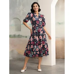 DressBerry Women Floral Printed Puff Sleeve Tiered Fit & Flare Midi Dress-picture-27