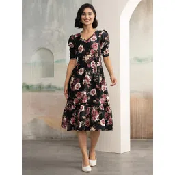 DressBerry Women Floral Printed Puff Sleeves Tiered A-Line Midi Dress Comes with a belt-picture-30