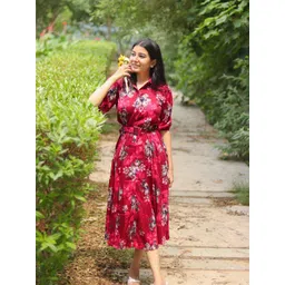 DressBerry Women Floral Printed Shirt Collar Fit & Flare Midi Dress with Belt-picture-38