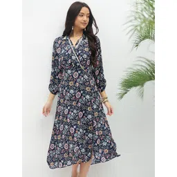 DressBerry Women Floral Printed Shirt Collar Puff Sleeve Wrap Midi Dress-picture-37