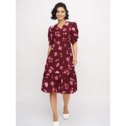 DressBerry Women Floral Printed V-Neck Puff Sleeve Crepe Wrap Midi Dress-picture-13