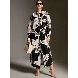 DressBerry Women Graphic Printed Monochrome Cuffed Sleeves Shirt Midi Dress-picture-15