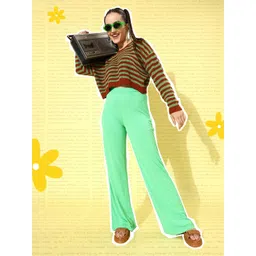 DressBerry Women Green & Rust Striped Cropped Round Neck Pullover-picture-24