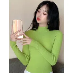 DressBerry Women Green Solid Acrylic Pullover Sweaters image 3