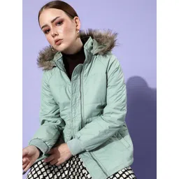 DressBerry Women Green Solid Faux Fur Trim Hooded Parka Jacket-picture-15