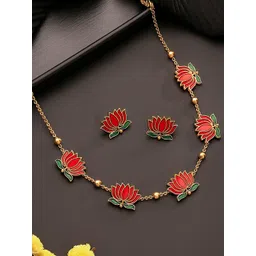 DressBerry Women Lotus Motif 18 K Gold-Plated Enamelled Neckalce & Earring Jewellery Set-picture-40