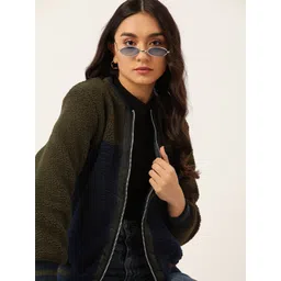 DressBerry Women Navy Blue & Olive Green Colourblocked Bomber Jacket-picture-40