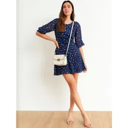 DressBerry Women Navy Blue Georgette Printed Ruffled Fit & Flare Dress-picture-26