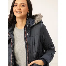 DressBerry Women Navy Blue Solid Hooded Parka Jacket-picture-16