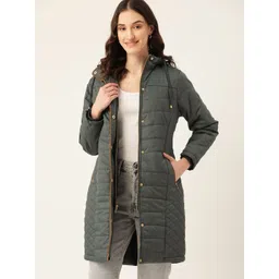 DressBerry Women Olive Green Quilted Longline Hooded Parka Jacket-picture-16