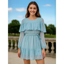 DressBerry Women Puff Sleeve Georgette Tiered Dress With Frill-picture-38