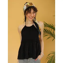 DressBerry Women Self Design Schiffli Halter Neck Cotton Top-picture-35