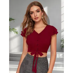 DressBerry Women V-Neck Waist Tie Ups Cape Sleeve Crop Top-picture-10