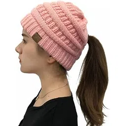 dressify Slouchy Knit Beanie Hat Warm Soft Cable Skull Cap Slouchy Ponytail Beanie with Earflaps Winter Hat for Women/Kids Pink-picture-12