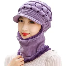 dressify Women Full Face Cover Winter Fur Neck Cover and Beanie Visor Cap, Monkey Cap for Girls & Ladies Purple Color-picture-11