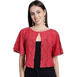 dressitude Women Front Open Self Designed Flared Sleeves Lace Shrug-picture-13