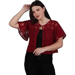 dressitude Women Grace Self Design Cotton Lace Round Neck Flared Sleeve Shrug | Front Open, Button Closure-picture-39