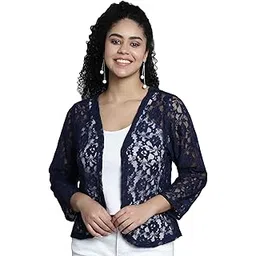dressitude Women Stylish Front Open Self Designed 3/4th Sleeves Lace Shrug image 1