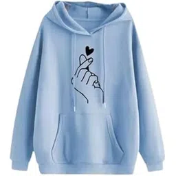 drijha Light Blue Oversized Hoodie for Women with Korean Finger Heart Print | Trendy Pullover Sweatshirt with Pocket & Hood | Casual Fashion for Girls Teens-picture-24