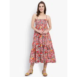 DRIRO Shoulder Strap Floral Printed Smocked Cotton Midi Fit & Flare Dress-picture-30