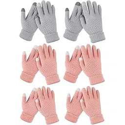 drocotec 6 Pcs Winter Touchscreen Knitted Gloves for Women & Girls – Soft Warm Woollen Gloves for Outdoor, Riding, Cycling – Grey & Pink Combo-picture-19