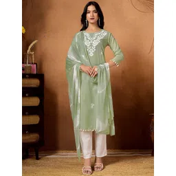 DRUPH & CO Women Floral Embroidered Chikankari Pure Cotton Kurta with Trousers & Dupatta-picture-15