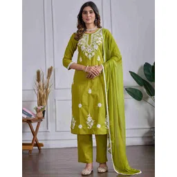 DRUPH & CO Women Floral Embroidered Regular Chikankari Pure Cotton Kurta with Trousers & With Dupatta image 1