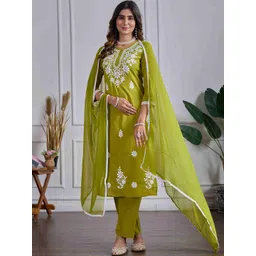 DRUPH & CO Women Floral Embroidered Regular Chikankari Pure Cotton Kurta with Trousers & With Dupatta image 5