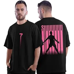 dudeme Cristiano Ronaldo Iconic Celebration Football Oversized T-Shirt | Half Sleeve Round Neck 100% Cotton Black Graphic Printed T-Shirt-picture-12