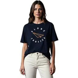 dueller Women's Loose Fit/Boyfriend Fit 100% Cotton Navy Blue Round Neck T-Shirt-picture-23