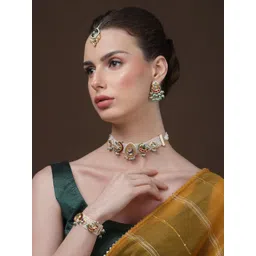 DUGRISTYLE Gold-Plated Kundan Studded & Beads Beaded Crescent Shaped Drop Earrings-picture-12