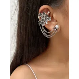 Dulcett Silver Plated Artificial Stones & Pearls Studded Floral Shaped Ear Cuff-picture-40
