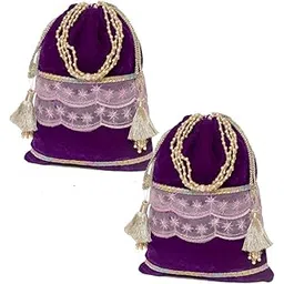 Dulhan Velvet Potli Bag with Pearl Handle | Sequin Tissue Lace Zari Tassels and Resham Dori | Purple Soft Padded Wedding Shagun Pouch for Return Gifts, Weeding, Winter and Festive Use (pack of 2)-picture-50